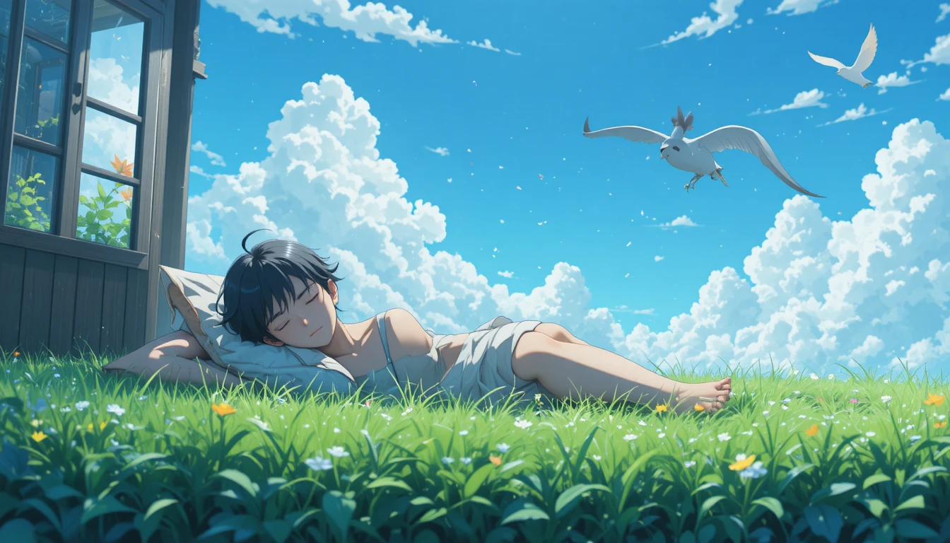 Anime boy sleeping on grass under the open sky