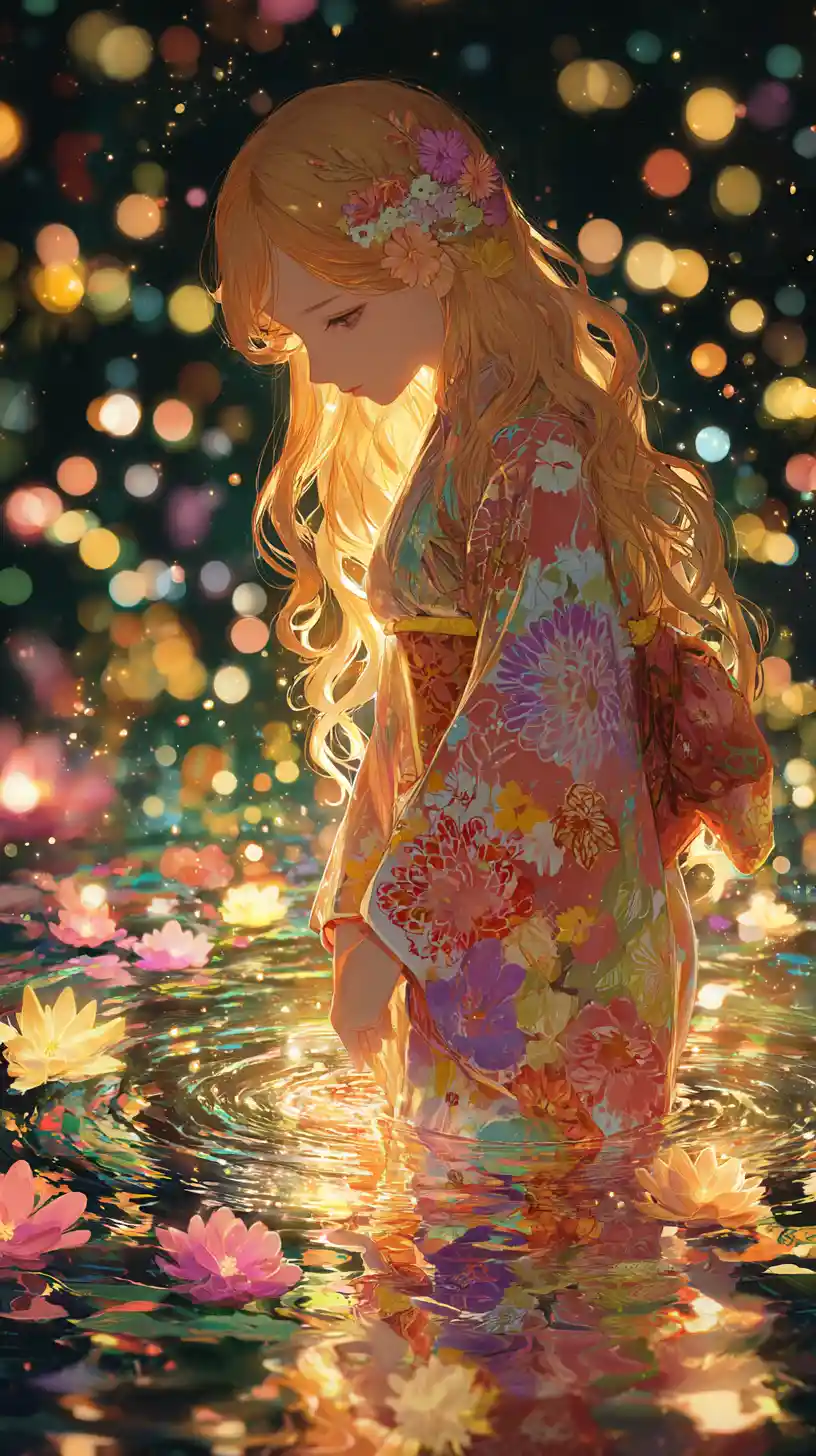 Melancholic anime girl in floral kimono by a dark pond