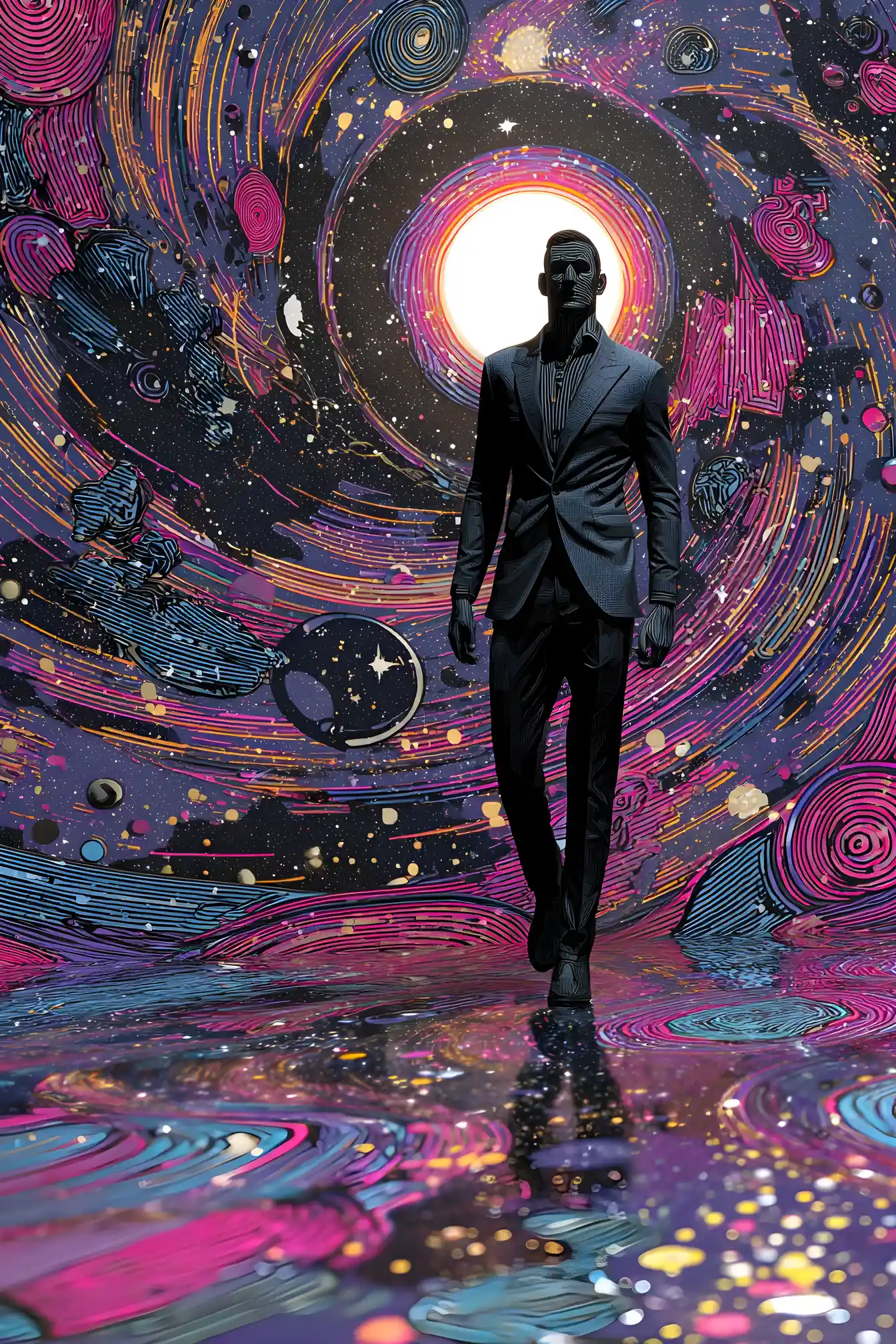 Charismatic spaceman in sleek suit crossing a vibrant galaxy