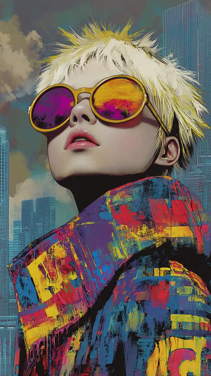 Ukiyo e inspired portrait of girl in reflective sunglasses