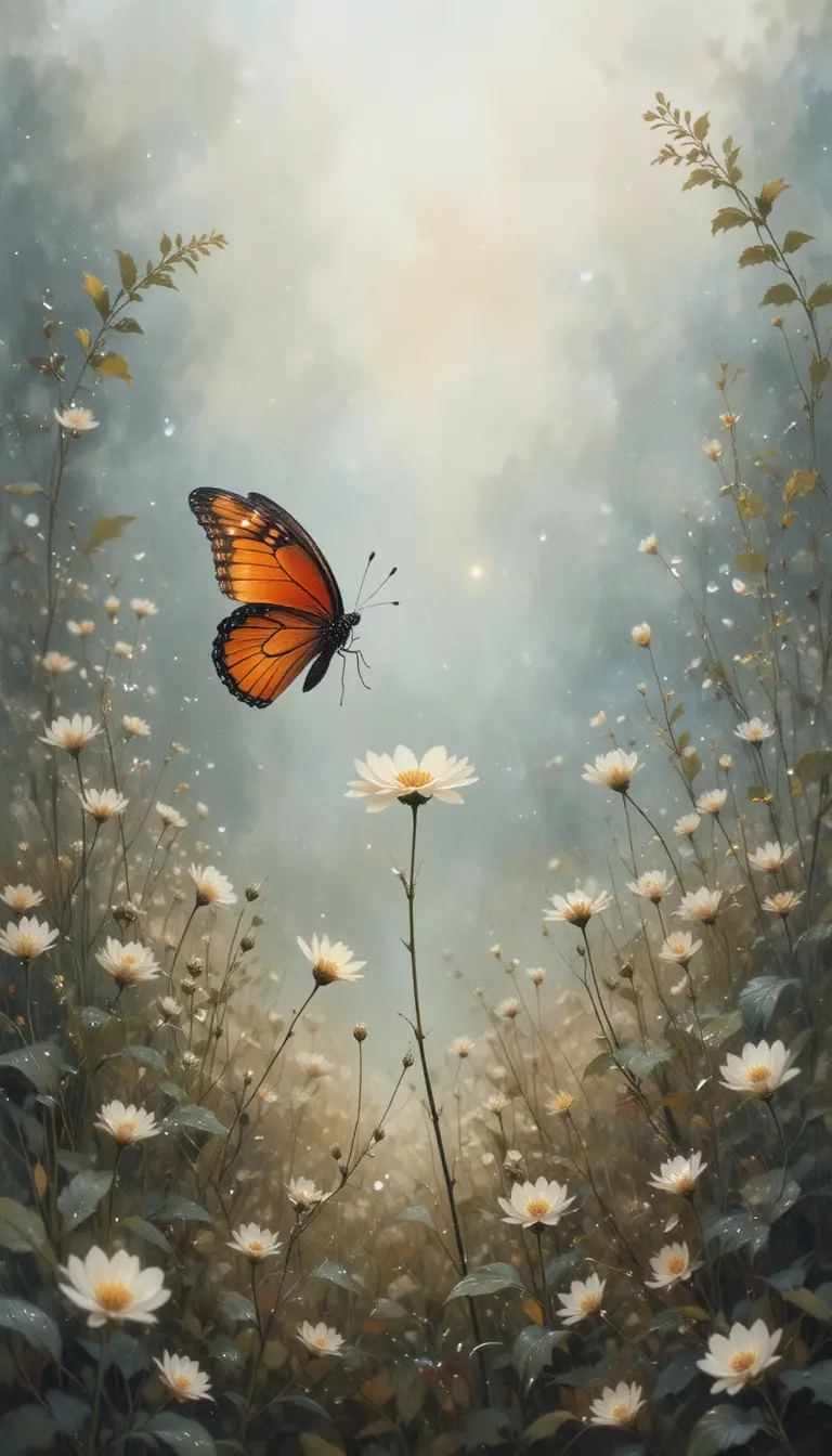 Red butterfly on white wildflower in quiet garden