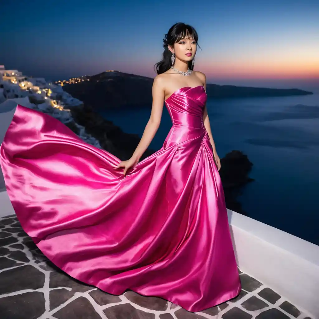 Young woman in fuchsia satin gown at night in Santorini