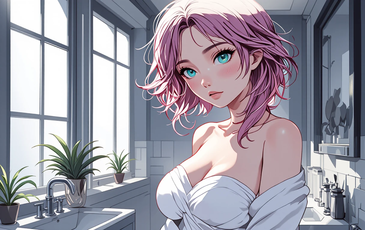 Anime-Mädchen im weißen Handtuch in einem modernen Badezimmer