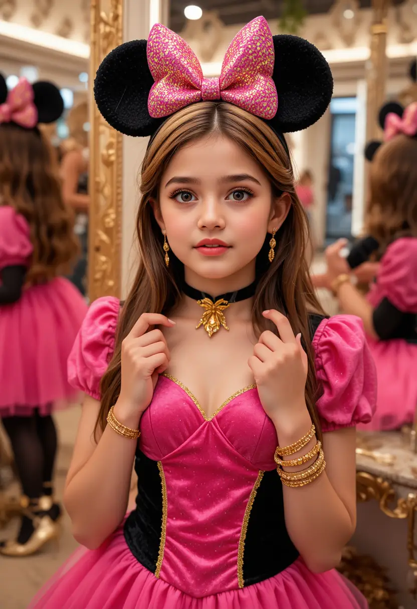 Tween boy styled as girl in pink minnie dress