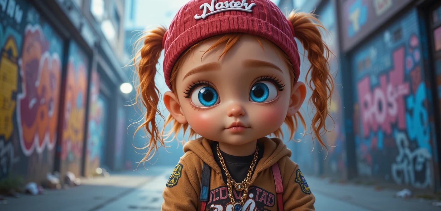 Red haired baby girl rapper with cat on leash
