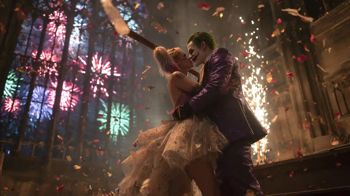 Dramatic wedding kiss in ruins lit by exploding fireworks