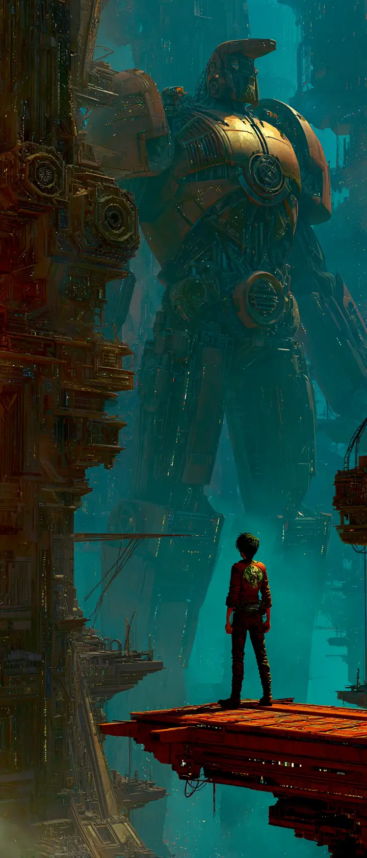 Epic anime warrior facing a towering armored titan