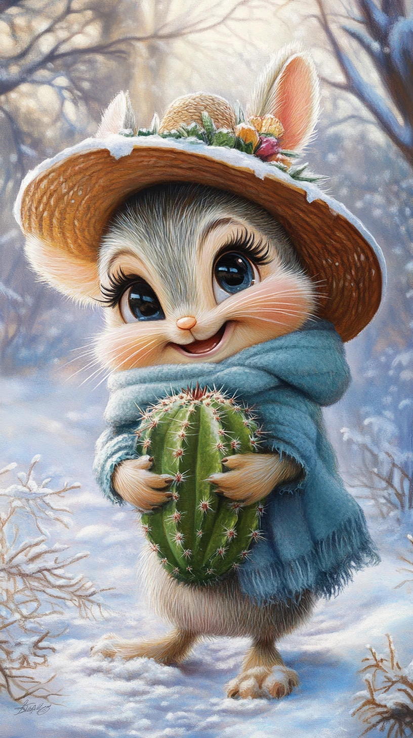 Lächelnde Wintermaus mit Kaktus in gemütlicher Szene