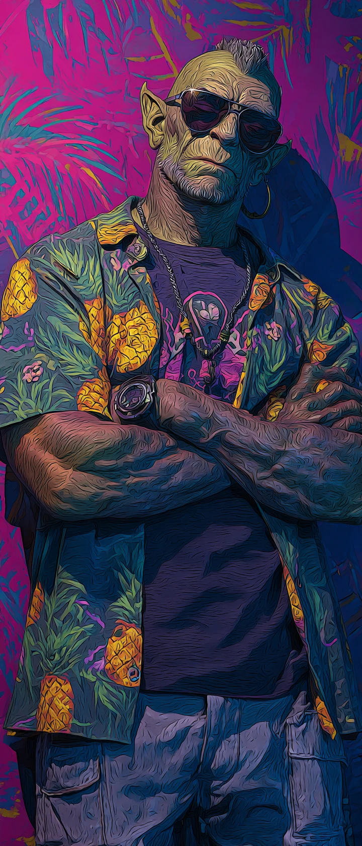 Weary grey orc tourist in sunglasses and hawaiian shirt