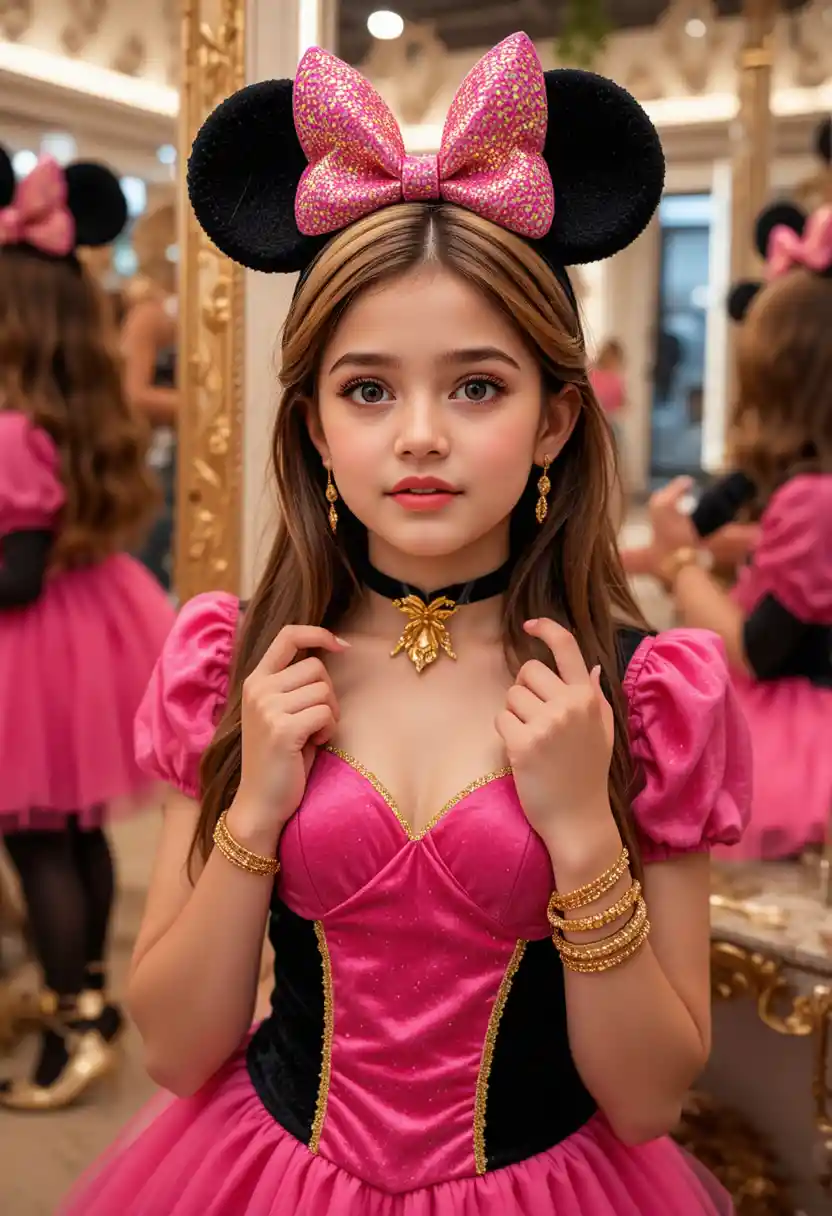 Tween boy styled as girl in pink minnie dress