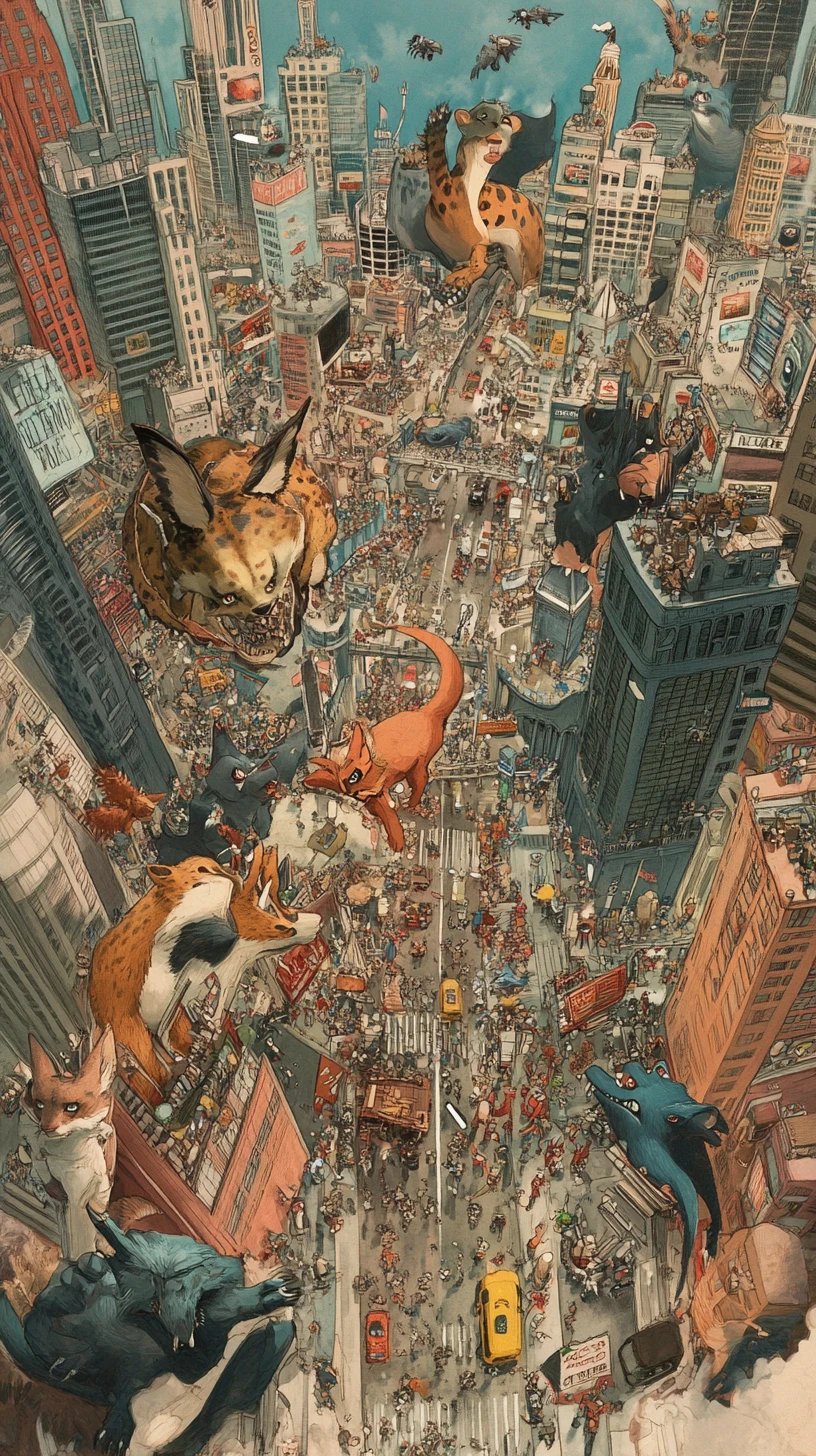 Aerial cityscape with humans and anthropomorphic apex predators