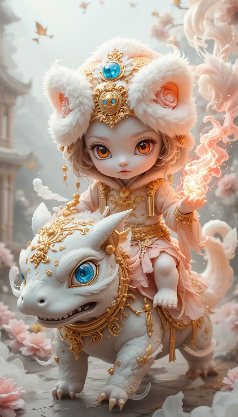 White kitten spirit rider in ornate lion dance hood
