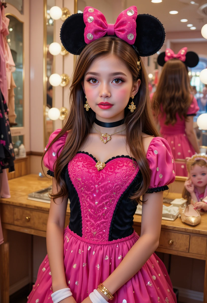 Tween boy in pink minnie dress at boutique vanity