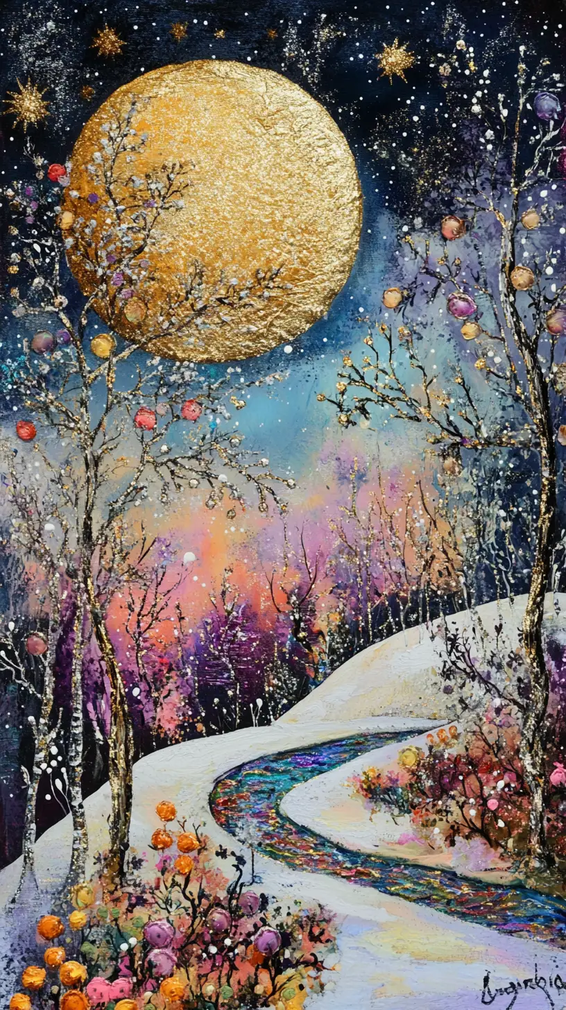 Enchanted winter garden on a hill under twin moons