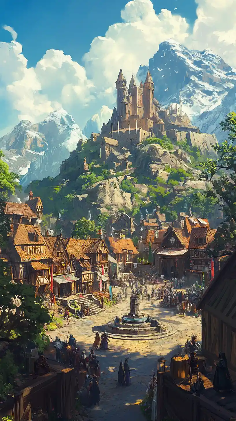 Mittelalterliches Fantasy-Königreich mit belebtem Marktplatz und Springbrunnen