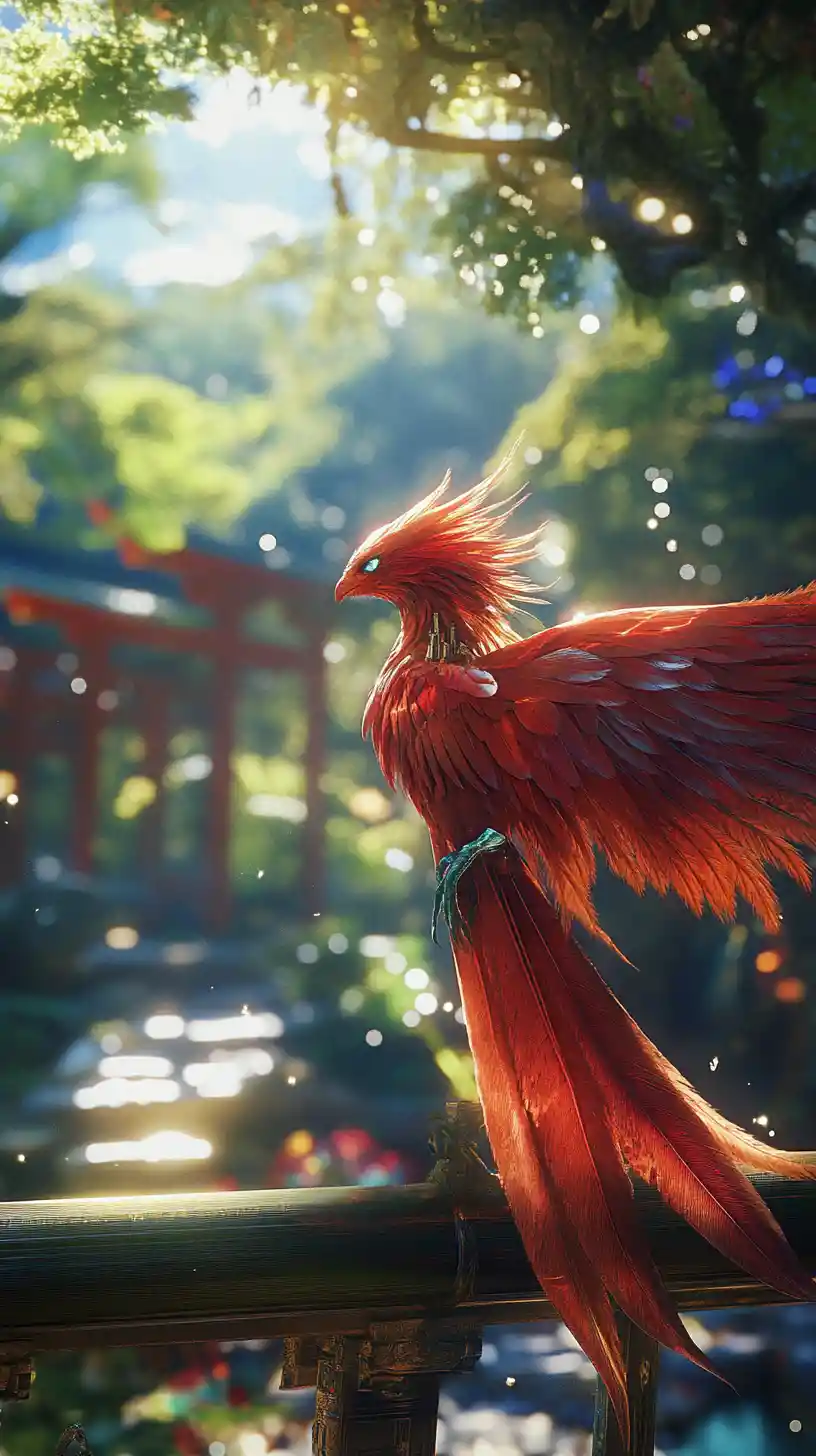Anime phoenix soaring through a cosmic outer space scene