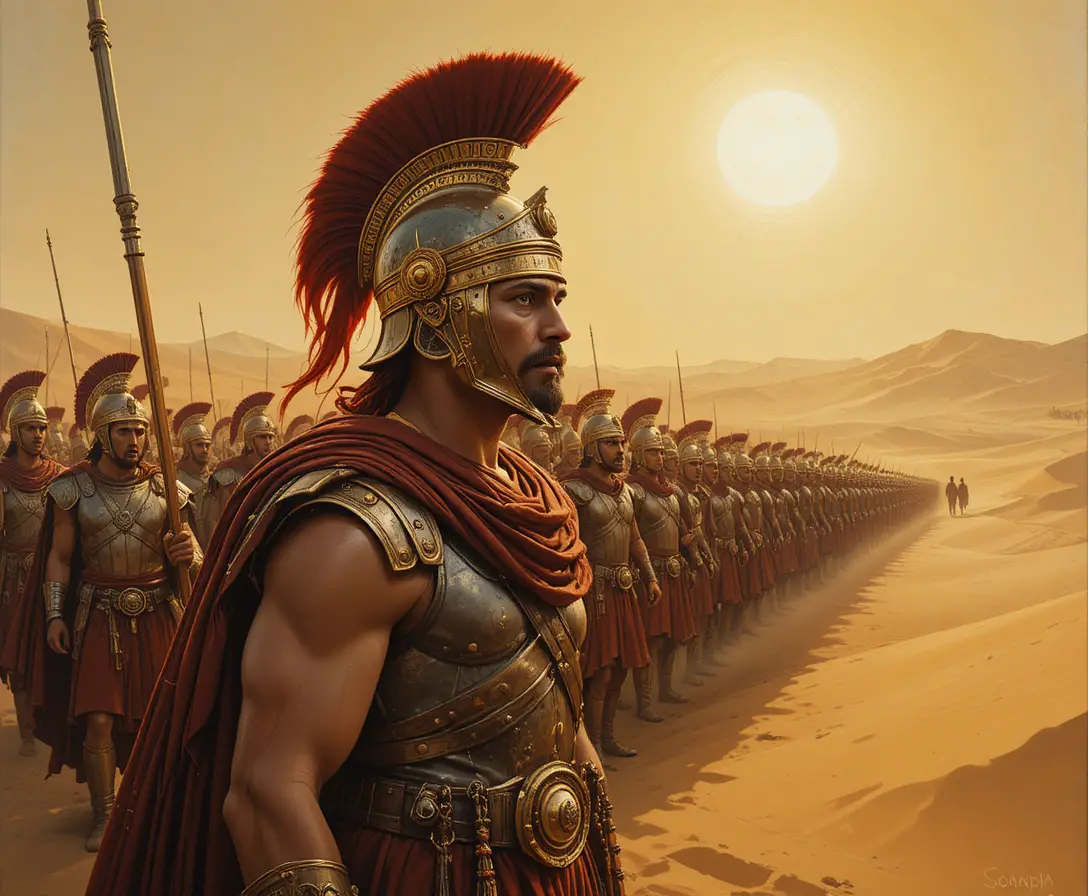 Roman centurion leading infantry across a blazing desert