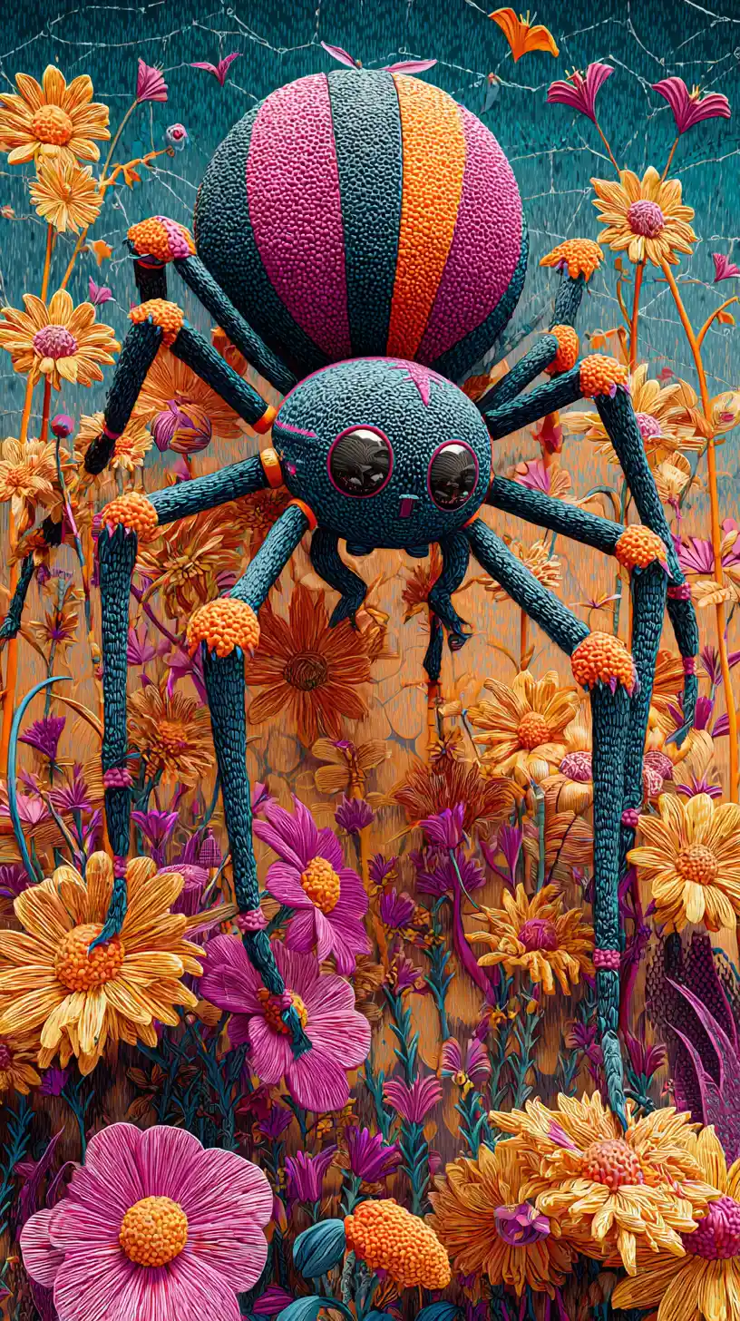 Playful fantasy spider creature in a whimsical halloween world