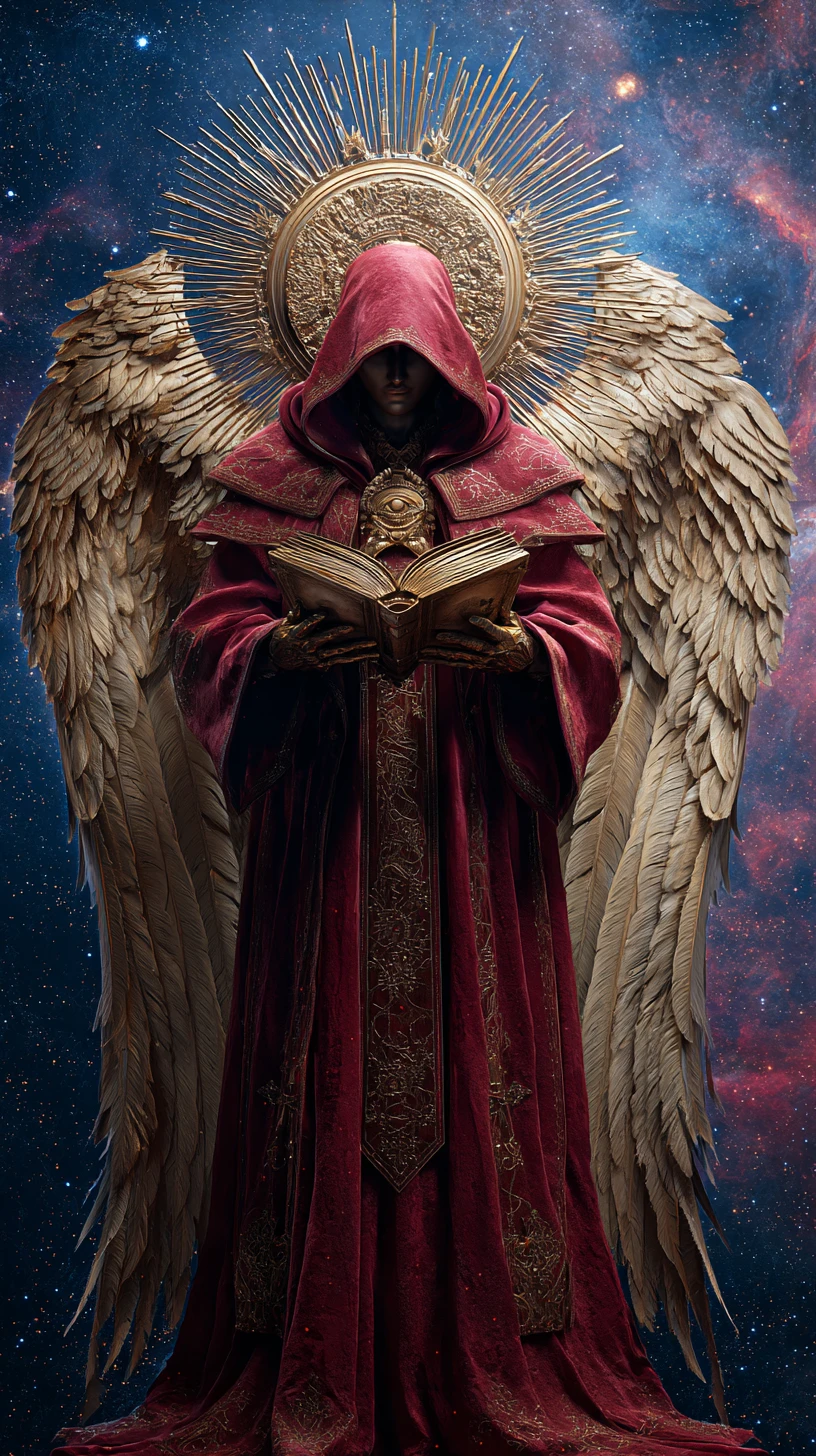Angelic figure reading a sacred book in cosmic space