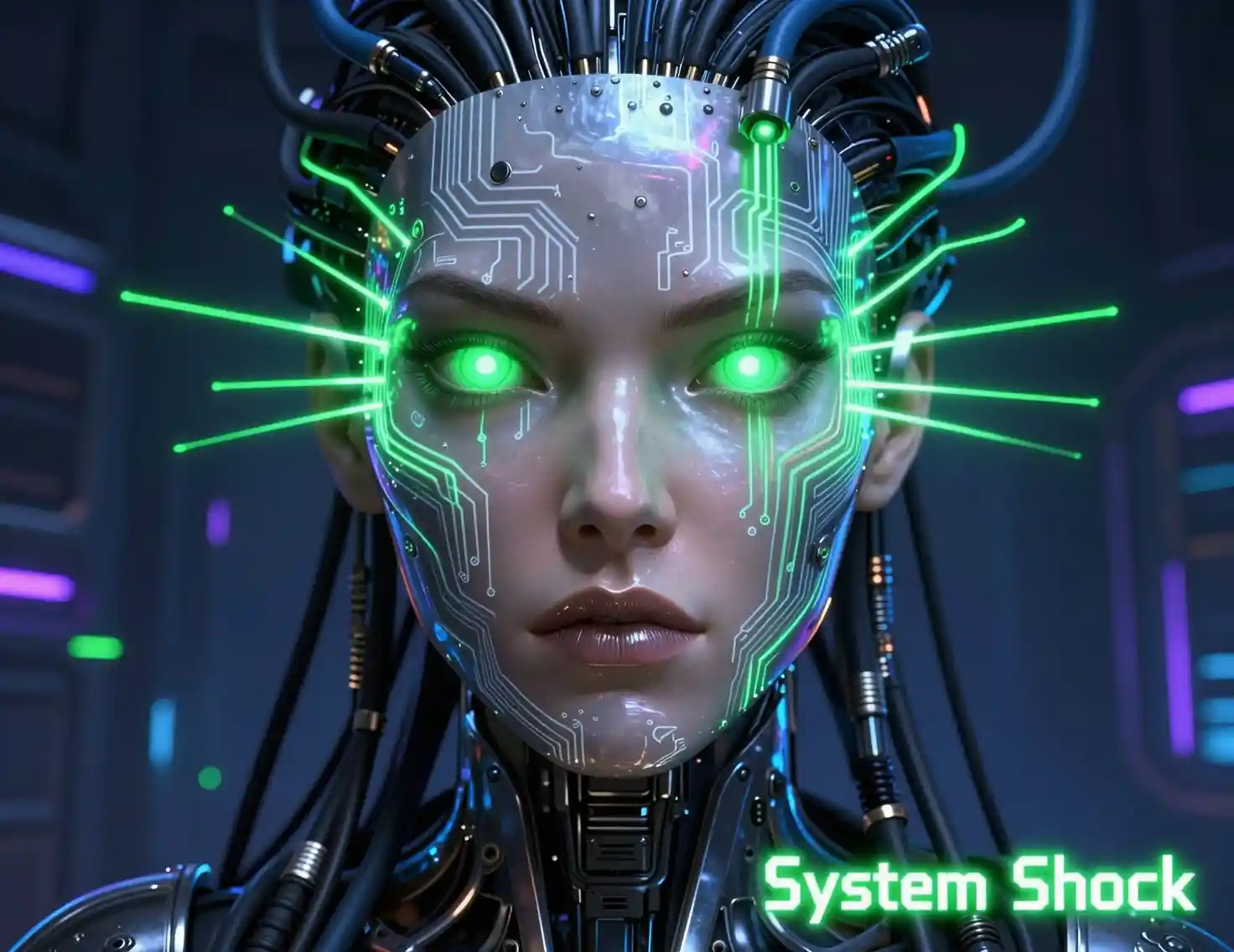 Cybernetic female ai face with glowing neon cables