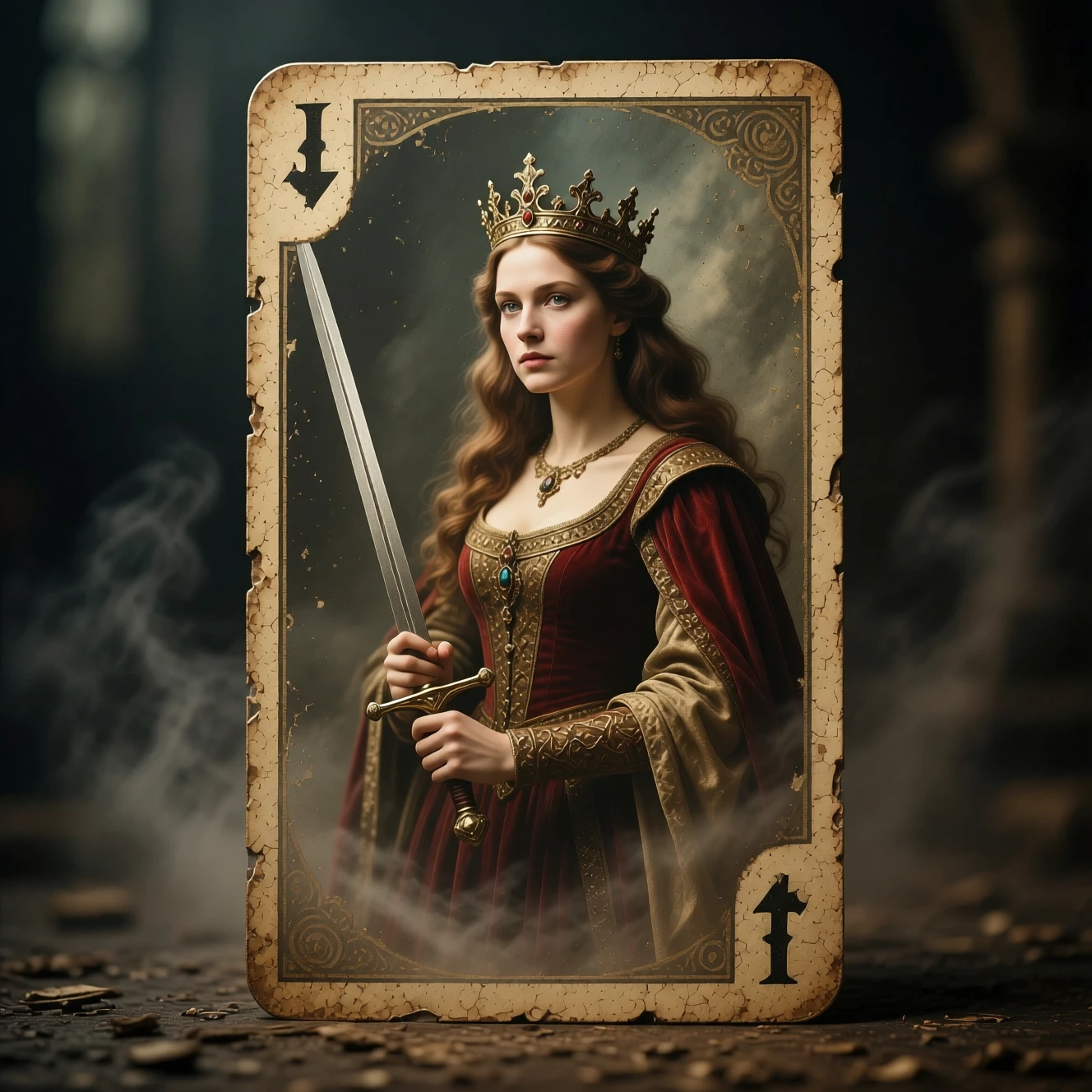 Queen with sword emerging from weathered playing card