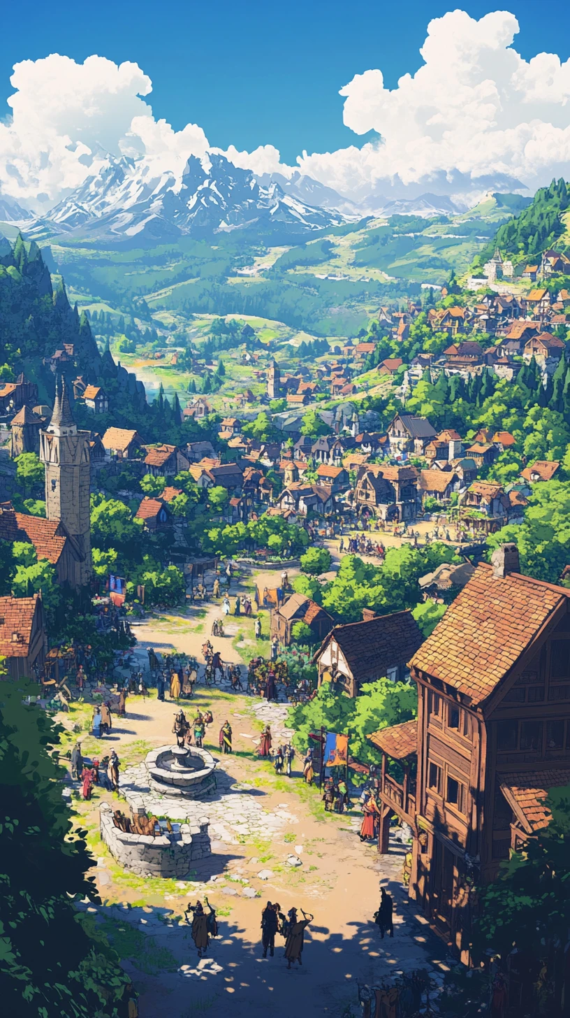 Medieval fantasy kingdom with town square and fountain