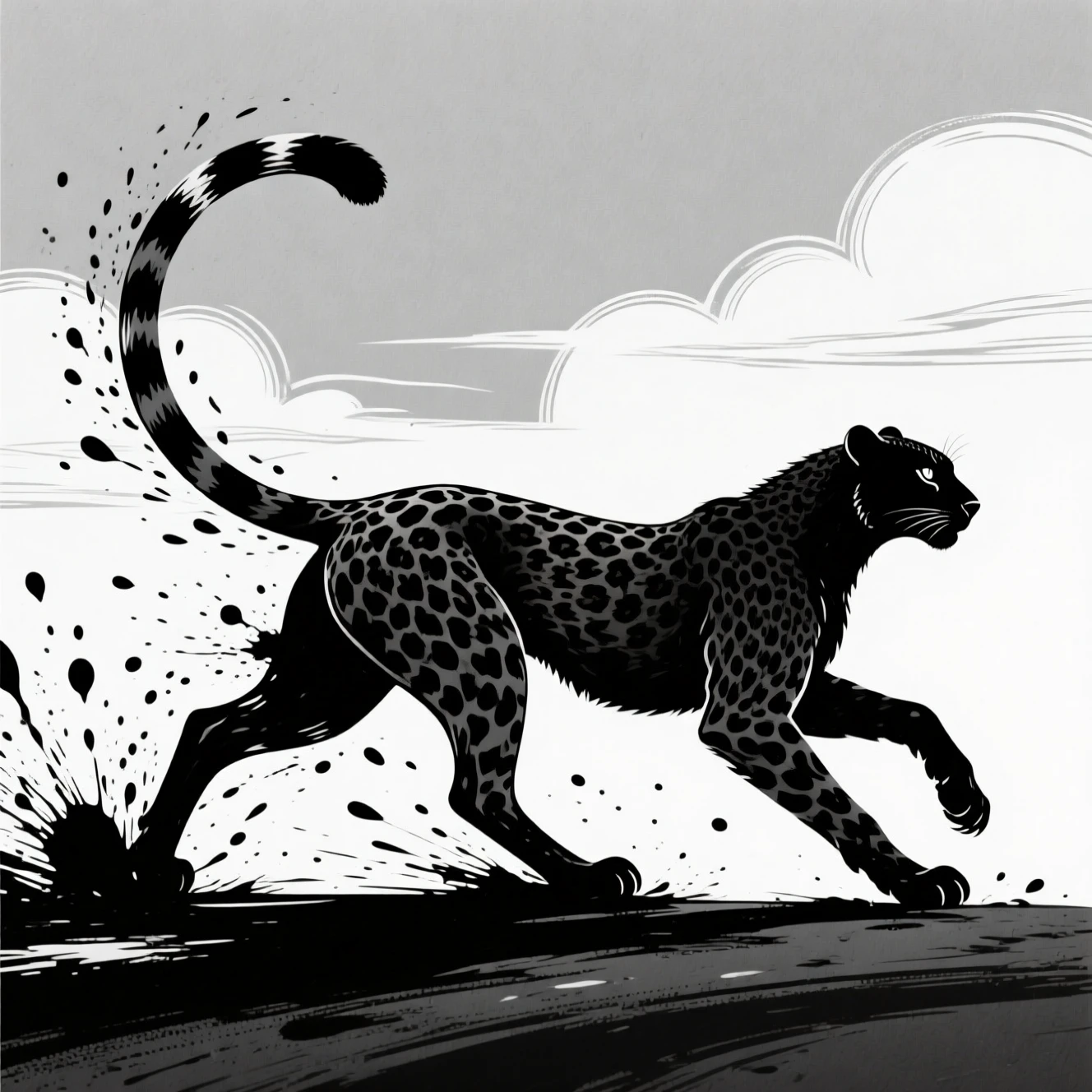 Guépard à l’encre stylisé sprintant à travers des nuages minimalistes