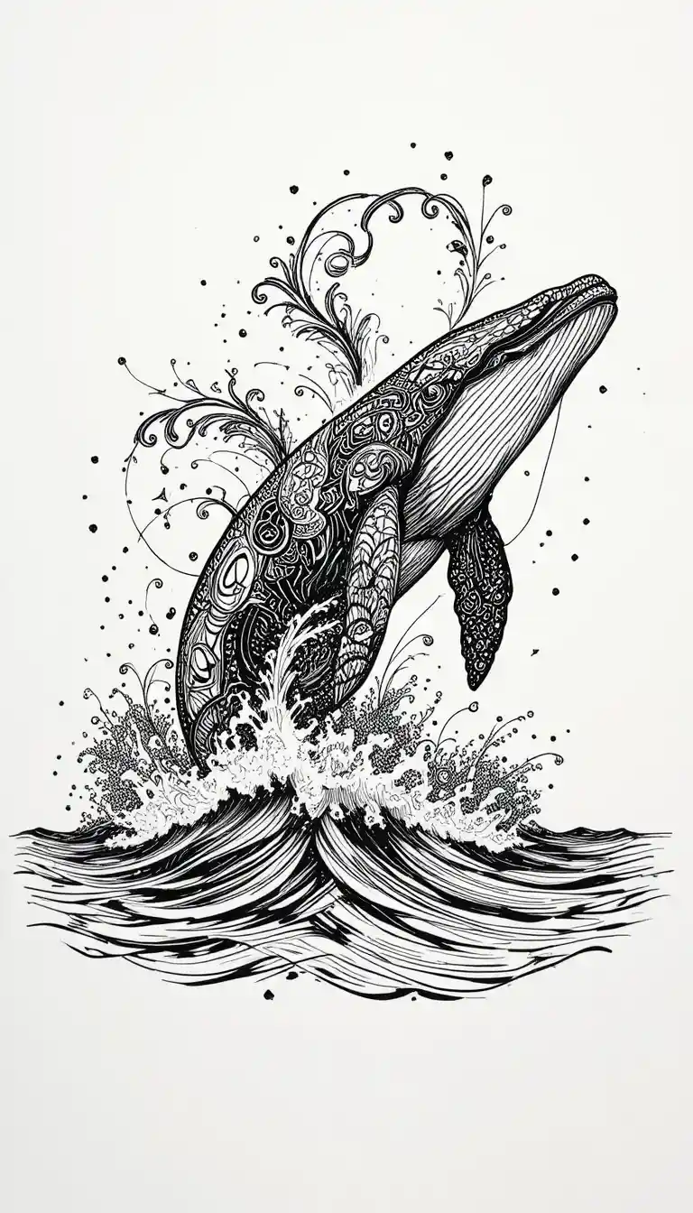 Majestuosa ballena zentangle emergiendo sobre un océano en calma