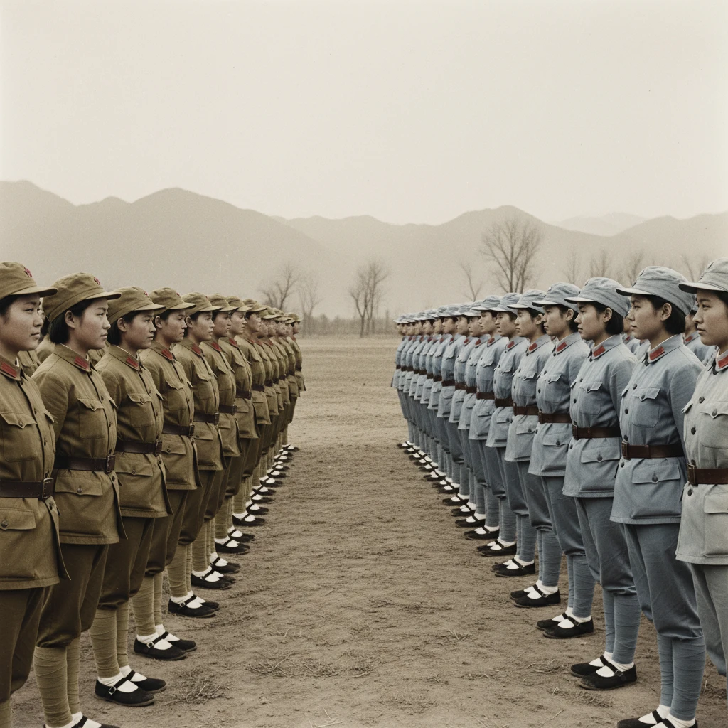Soldatesse cinesi una di fronte all’altra in formazione di guerra