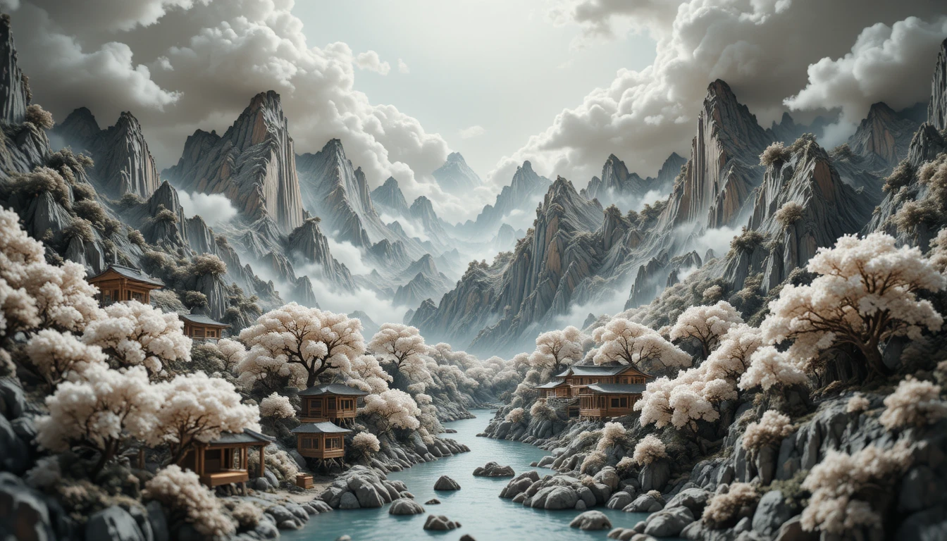 Miniatur-Bergwelt mit Wolken und uralten Bäumen als Relief