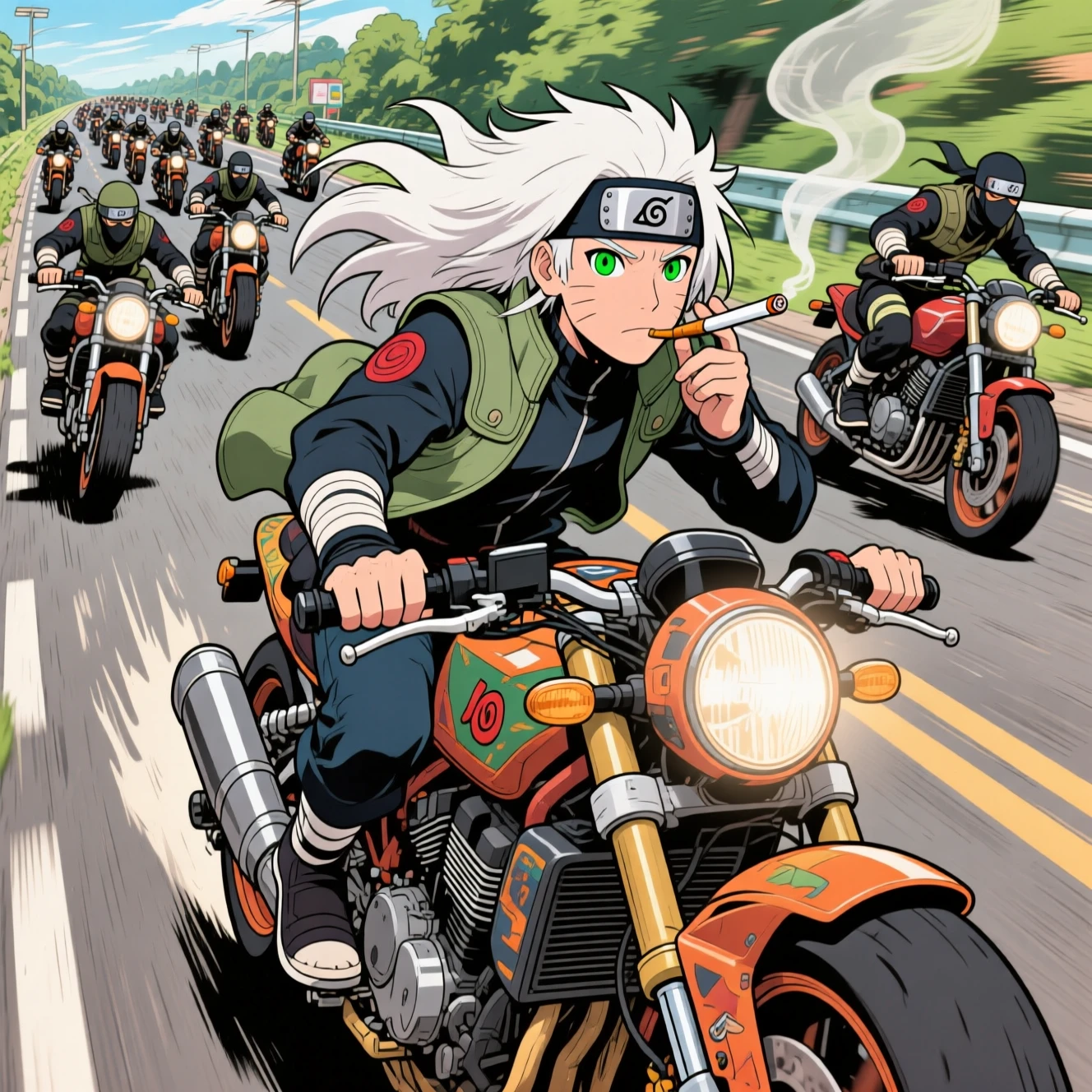 Motociclista de cabelo branco perseguido por ninjas de moto