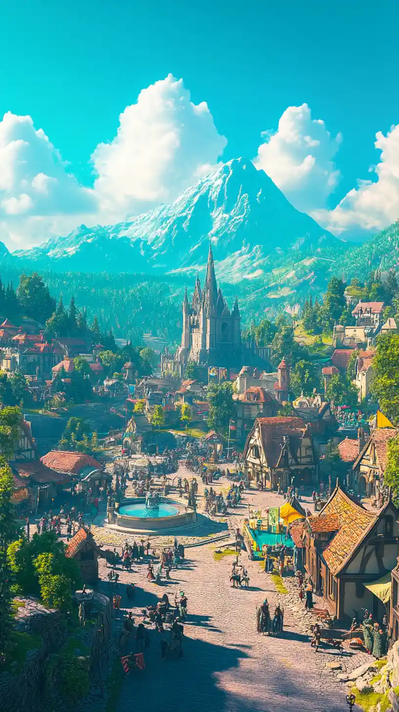 Reino de fantasia medieval com praça central e montanhas ao longe