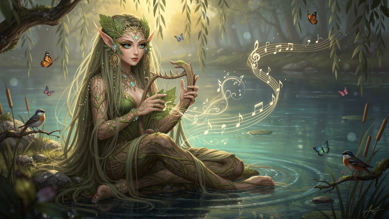 Willow haired woman by a tranquil pond with listening birds