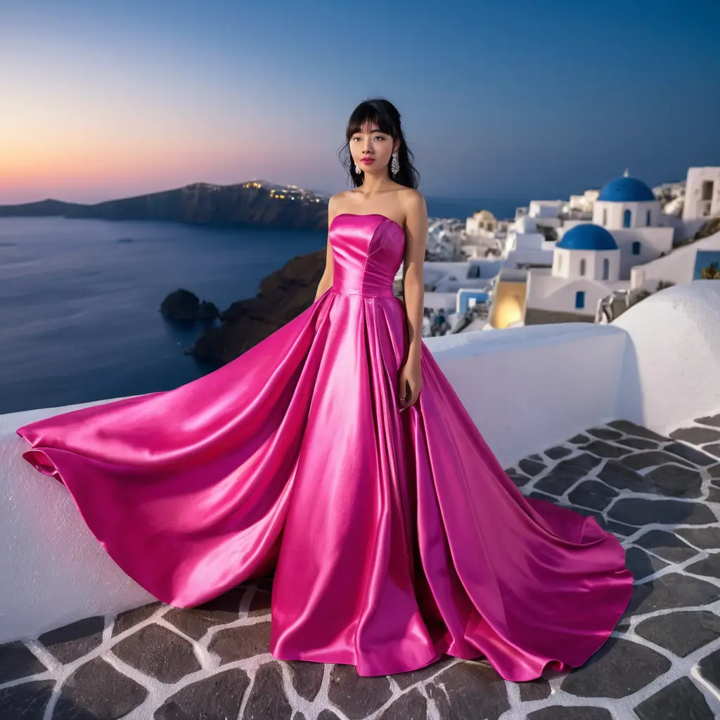Elegant girl in fuchsia satin gown at Santorini night
