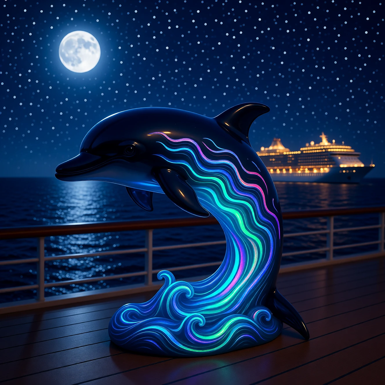 Statuette de dauphin irisé en croisière sur l’océan à minuit