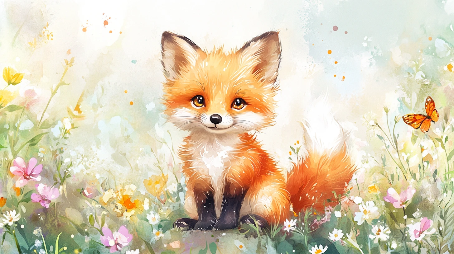 Cute baby fox in a sunny watercolor flower meadow
