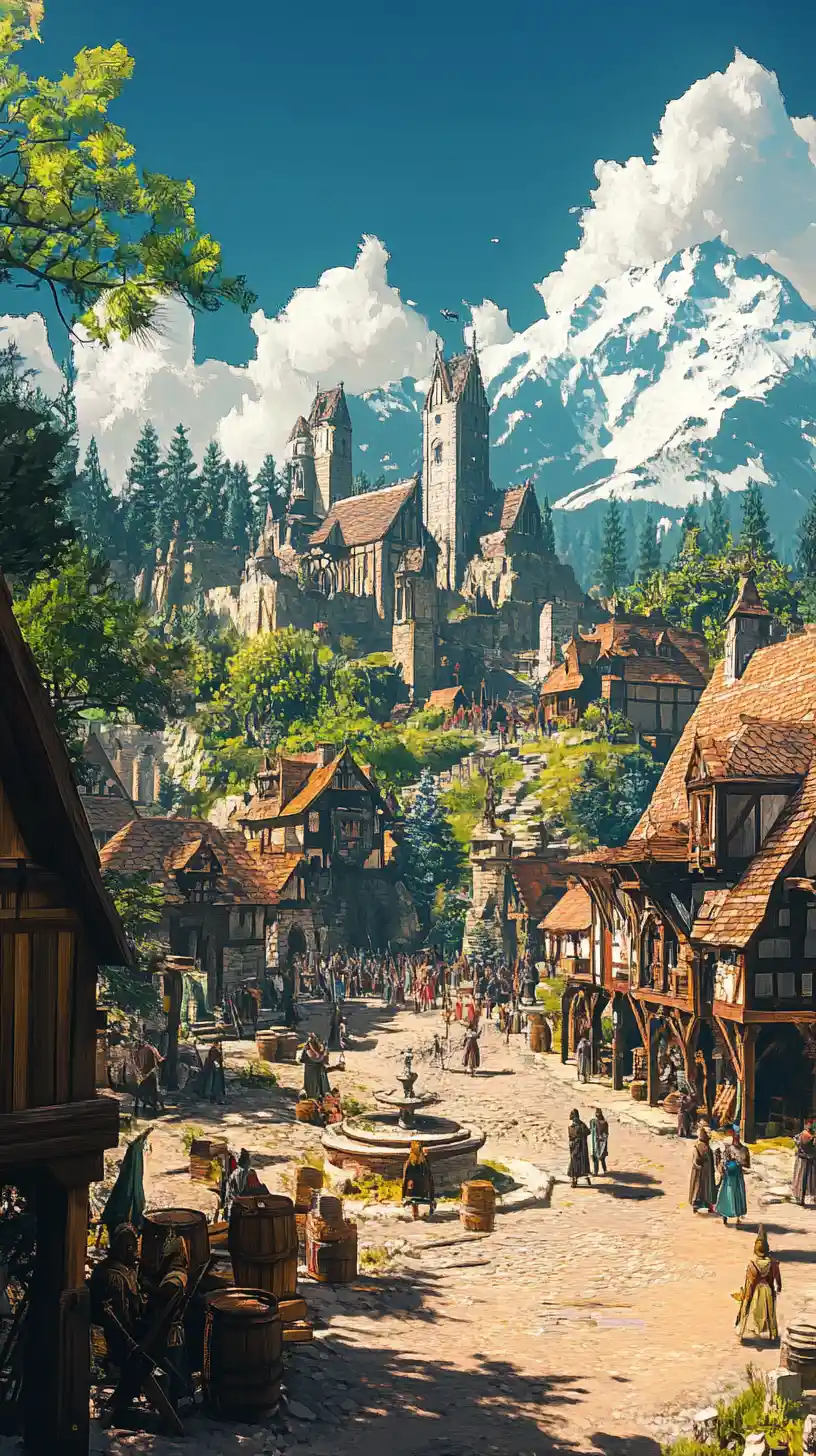 Mittelalterliches Fantasy-Königreich mit Marktplatz und fernen Bergen