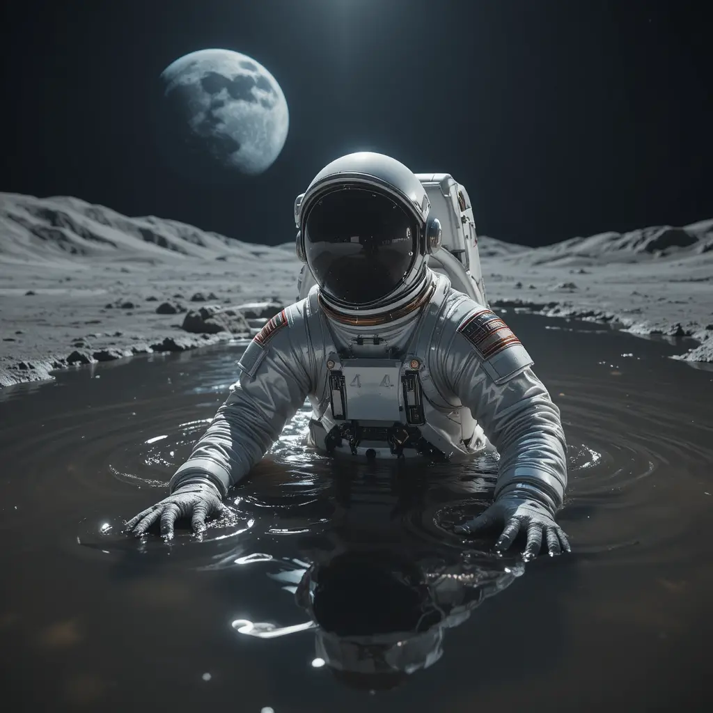 Astronaut Sinking In Dark Lunar Mud Beneath Bright Earth