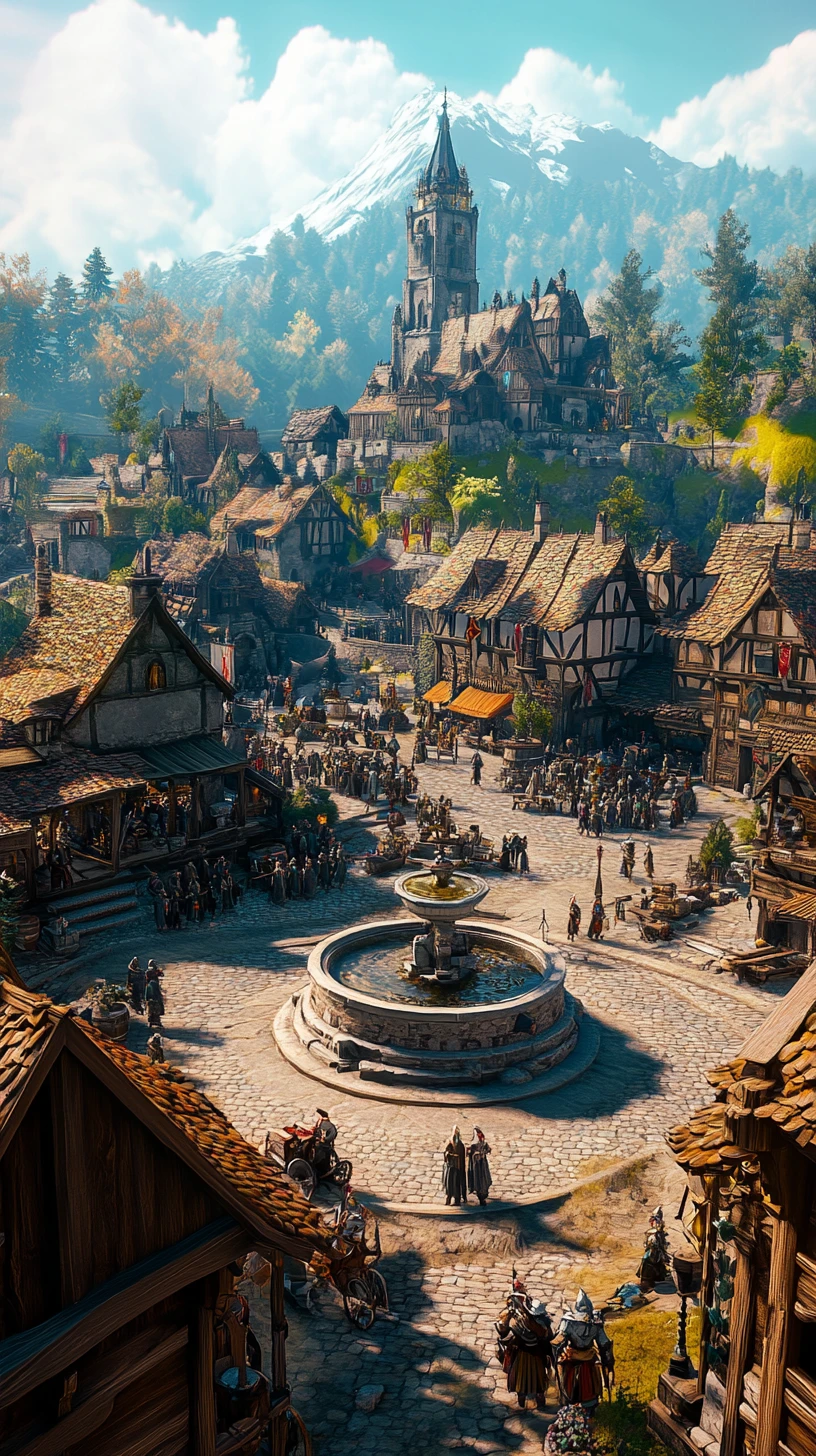 Medieval fantasy kingdom with busy town square and hills