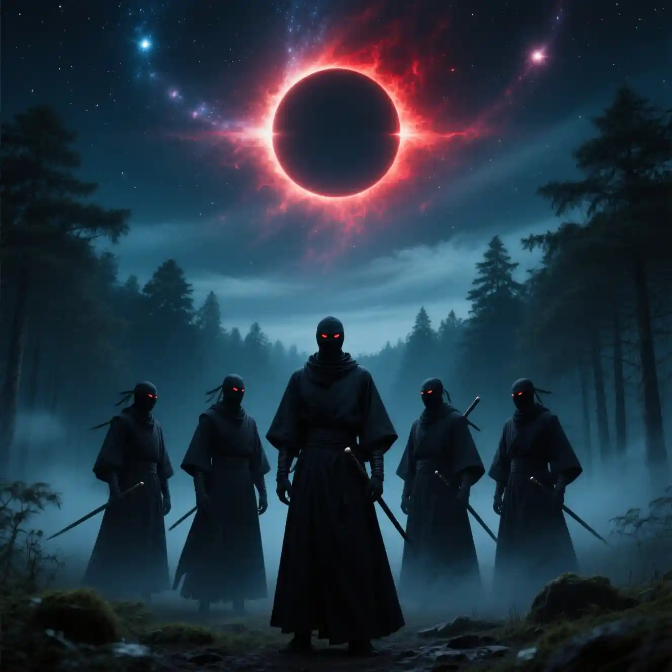 Ninjas observando un eclipse de luna de sangre sobre un bosque brumoso