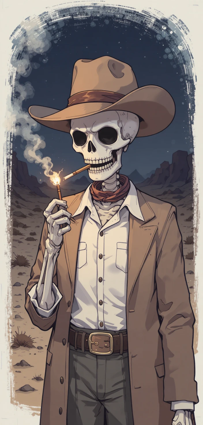 Cowboy scheletro che accende dinamite in una buia notte nel deserto
