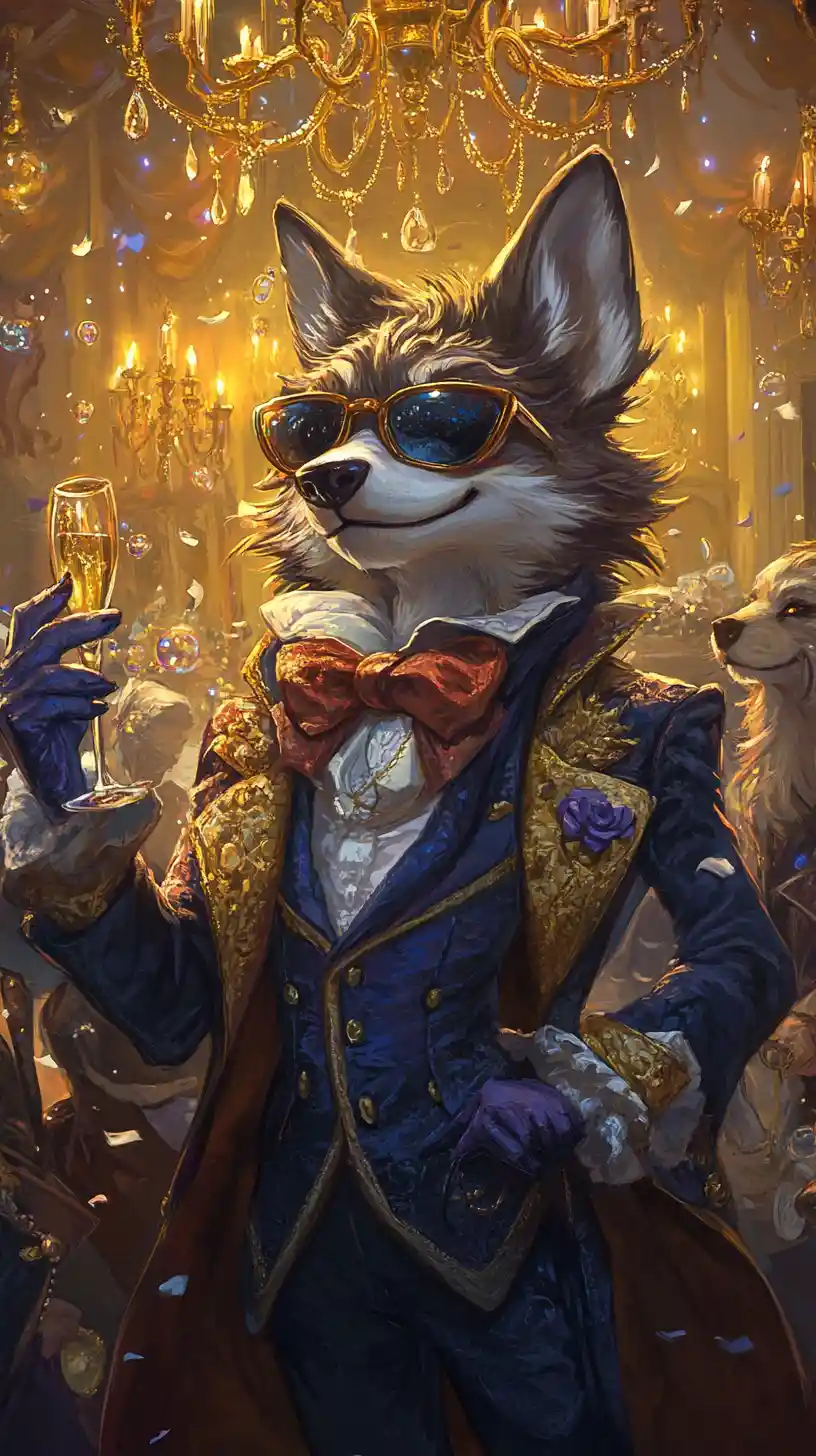 Loups anthropomorphes dansant à un grand bal masqué