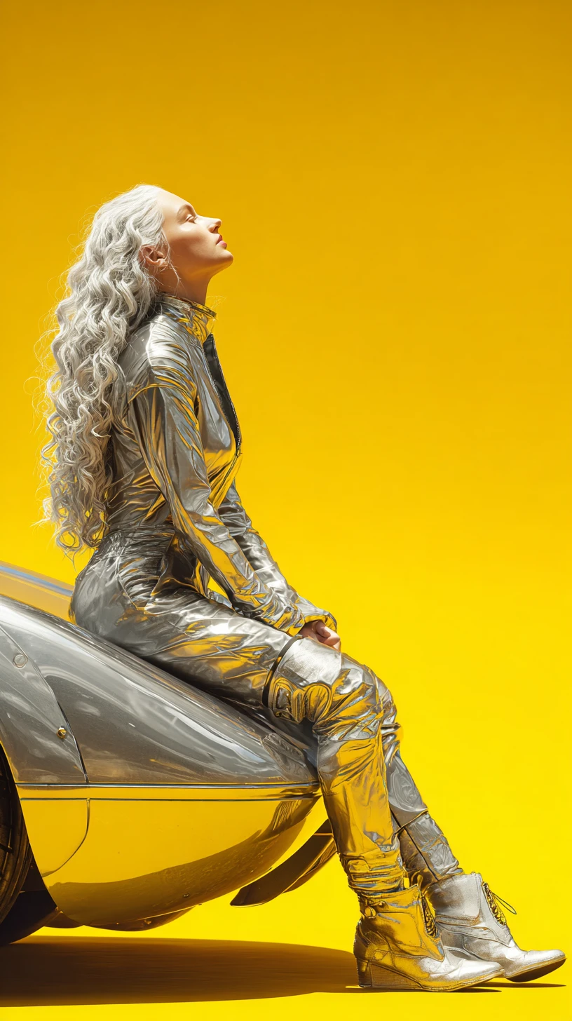 醒目黃背景上的金屬拉力賽車與女子