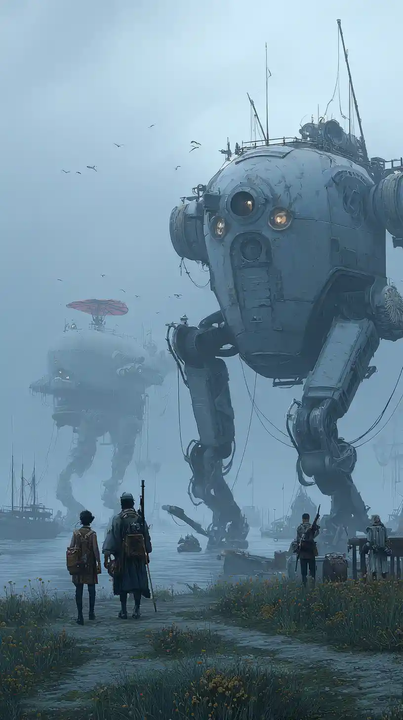 Explorers Journey Through Vast Alien Machine Filled Landscape
