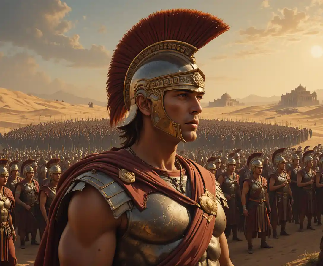 Roman commander leading a legion across sunlit desert sands