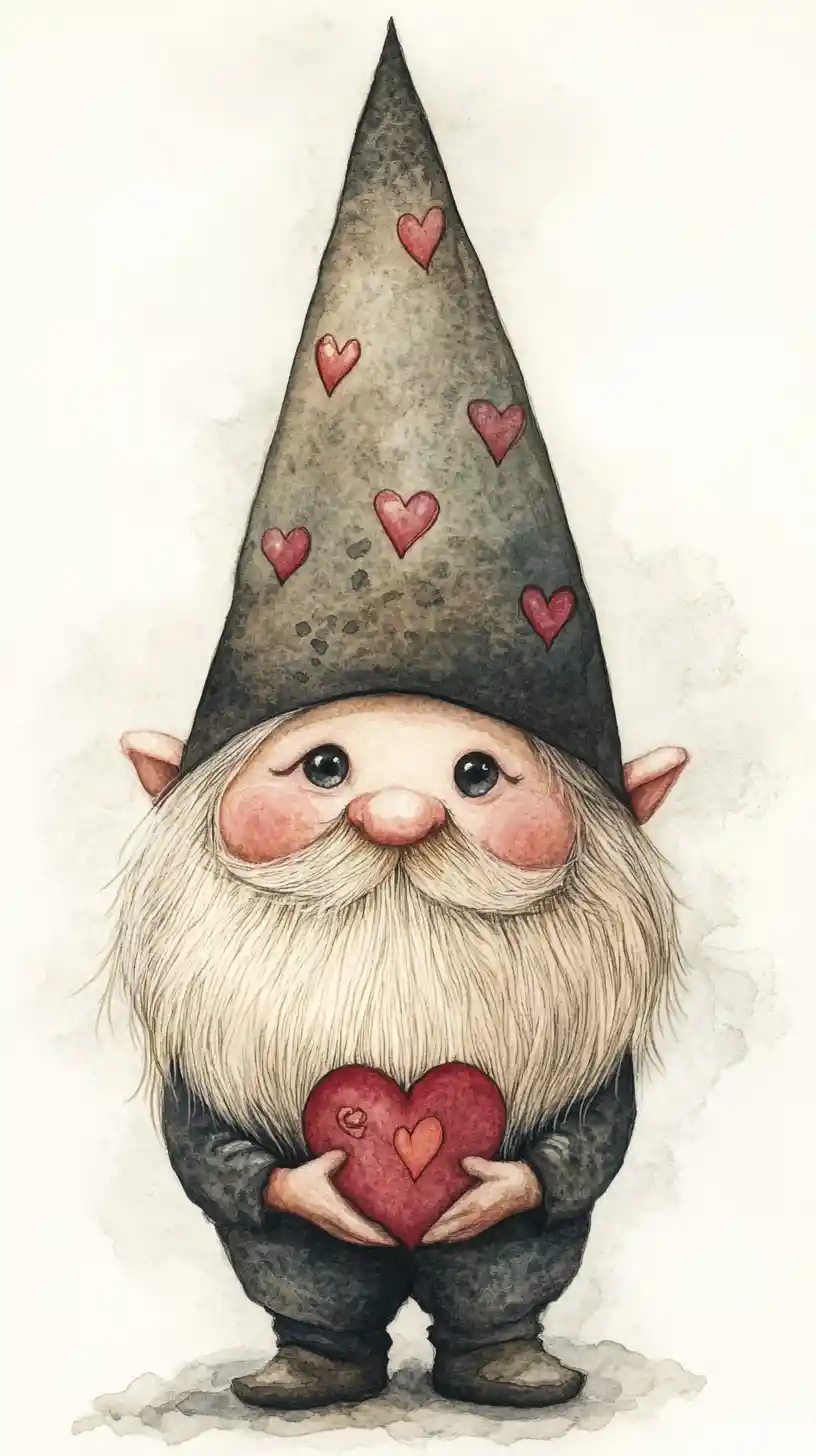 Smiling love gnome in a mystical watercolor scene