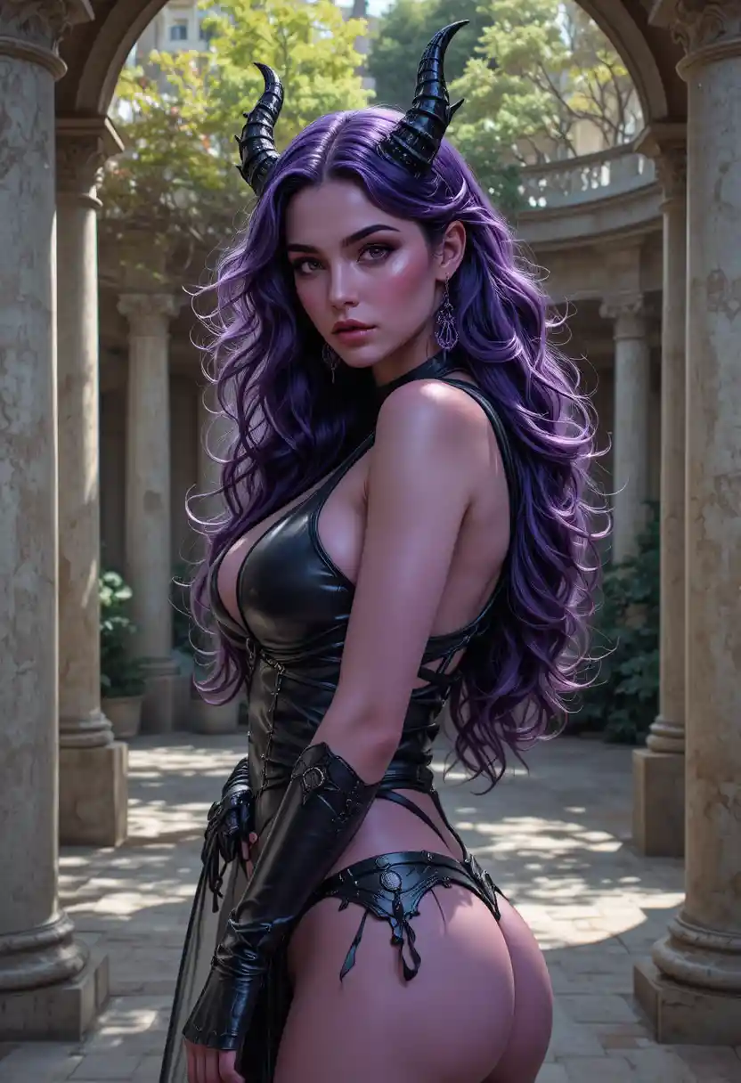 Purple skinned succubus in black leather in a sunny courtyard