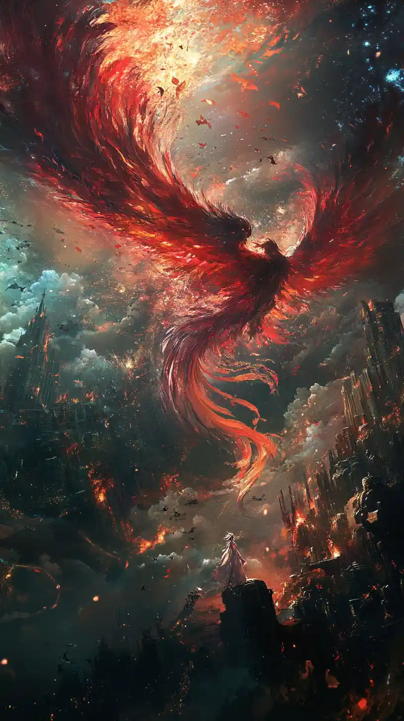 Mythical phoenix soaring through a distant cosmic space