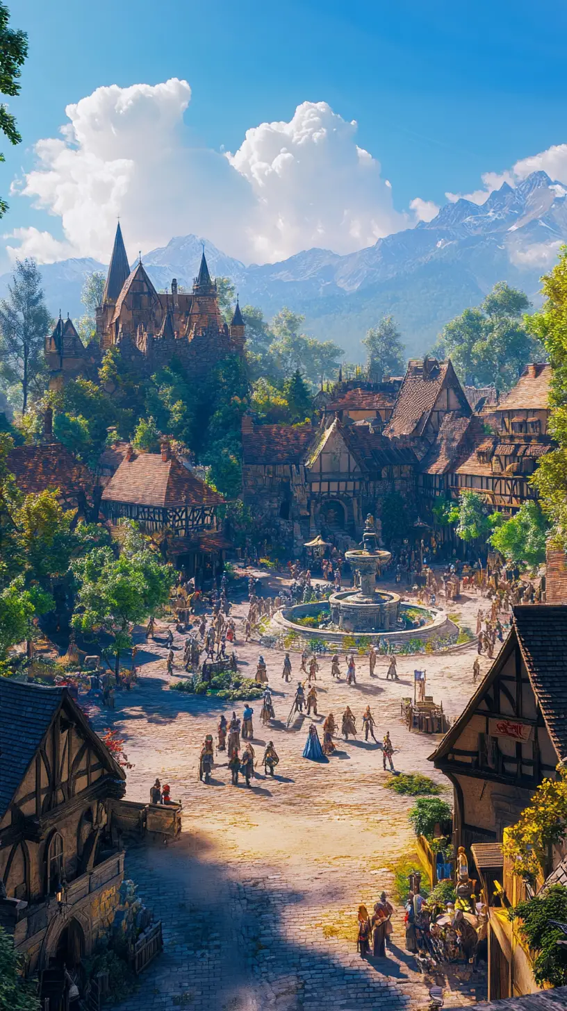 Bustling medieval town square before a vast fantasy kingdom