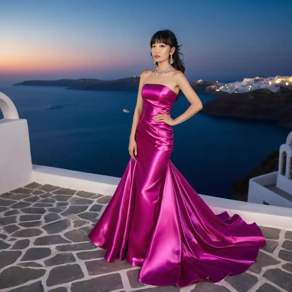 Young woman in magenta satin gown at night in Santorini